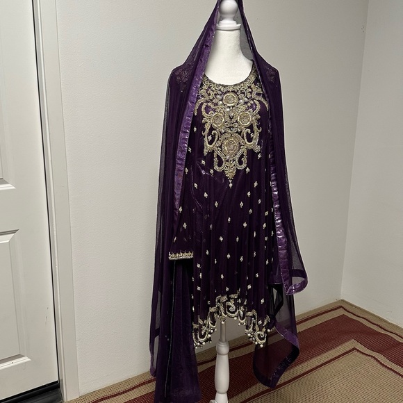Salwar Kameez Other - Dark Purple and Gold Three-Piece Salwar Kameez Heavy Formal Wear Size Approx. L